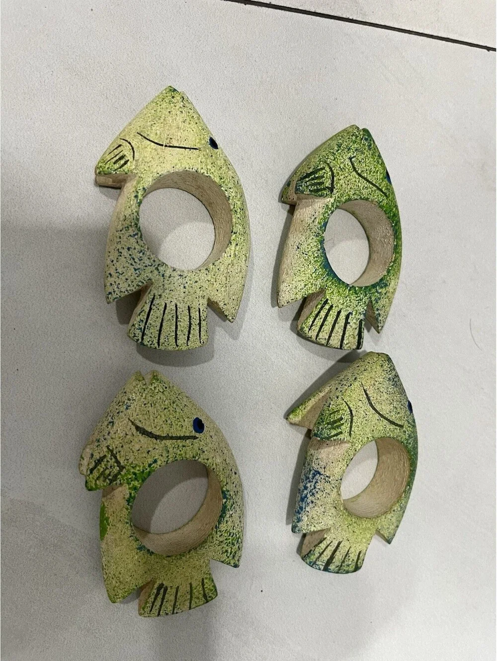 Fish Napkin Holders Rings Wooden, Tropical Fish Hand Painted Green - Set of 4